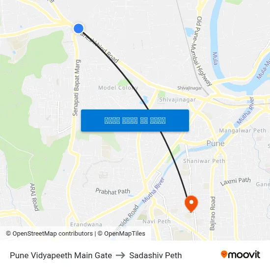 पुणे विद्यापीठ मुख्य द्वार to सदाशिव पेठ map