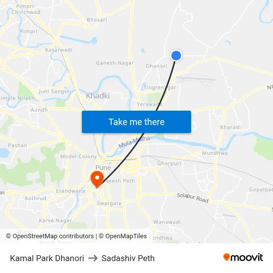कमल पार्क धानोरी to सदाशिव पेठ map