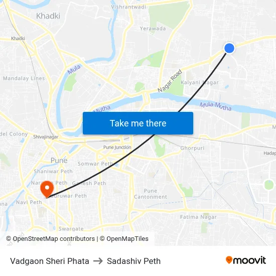 वडगाव शेरी फाटा to सदाशिव पेठ map