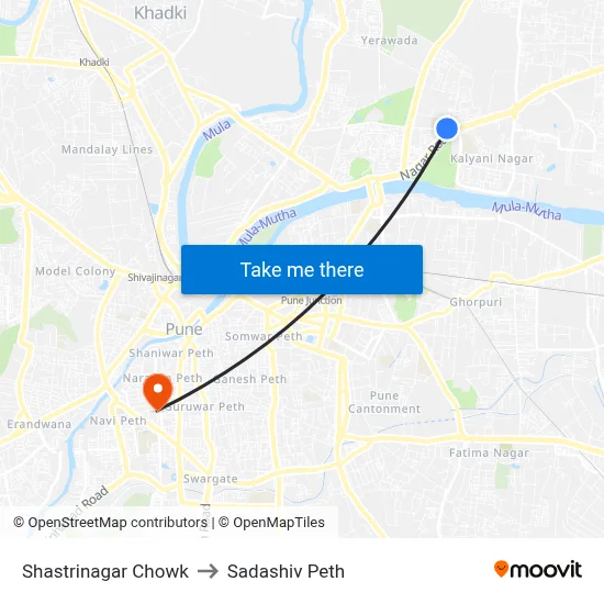 शास्त्रीनगर चौक to सदाशिव पेठ map