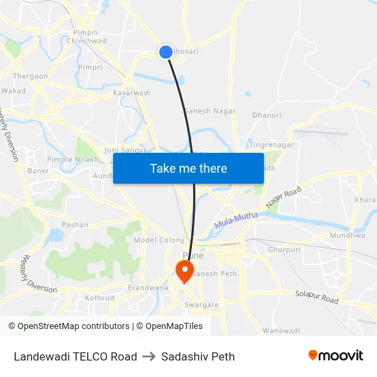 लांडेवाडी टेल्को रोड to सदाशिव पेठ map