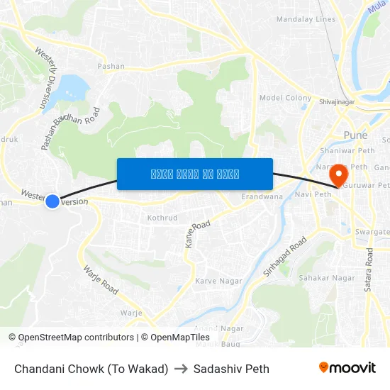 चांदणी चौक (टू वाकड) to सदाशिव पेठ map