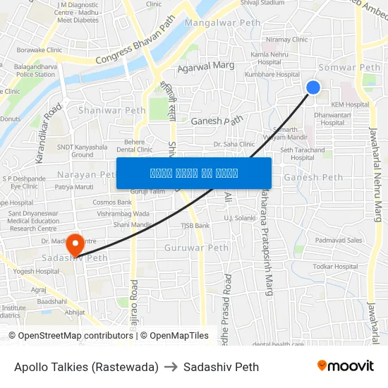 अपोलो टॉकीज (रस्तेवाडा) to सदाशिव पेठ map