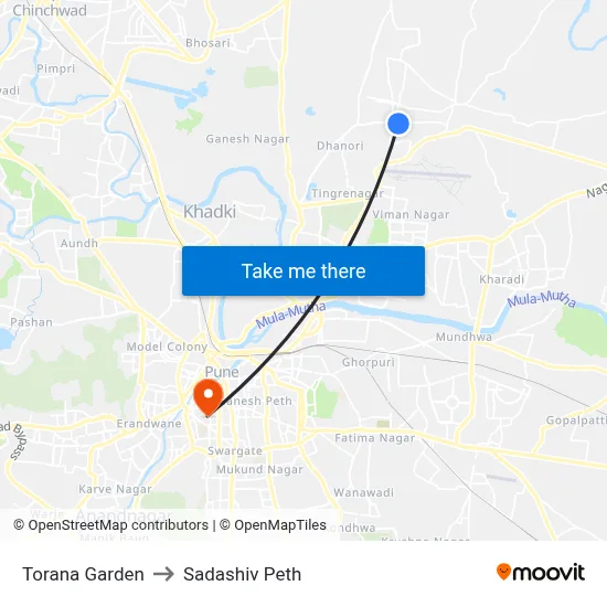 तोरणा गार्डन to सदाशिव पेठ map