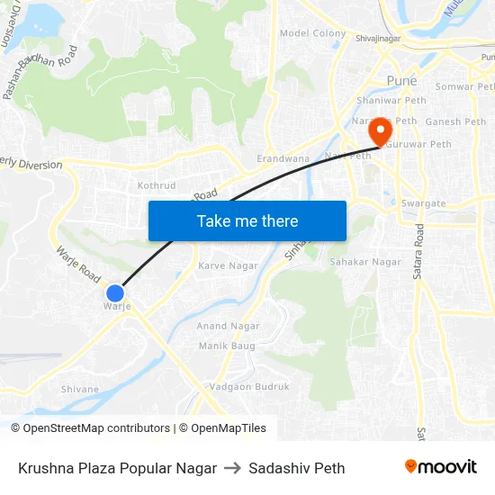 कृष्णा प्लाझा पॉप्युलर नगर to सदाशिव पेठ map