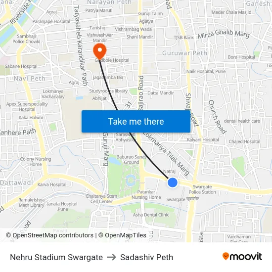 नेहरू स्टेडियम स्वारगेट to सदाशिव पेठ map