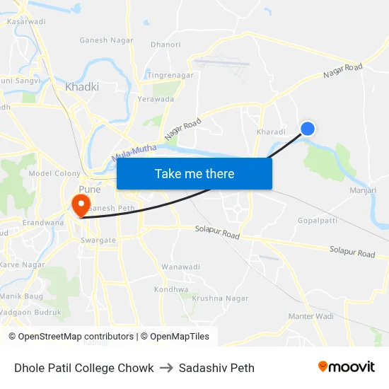 ढोले पाटील कॉलेज चौक to सदाशिव पेठ map