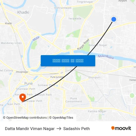 दत्त मंदिर विमान नगर to सदाशिव पेठ map
