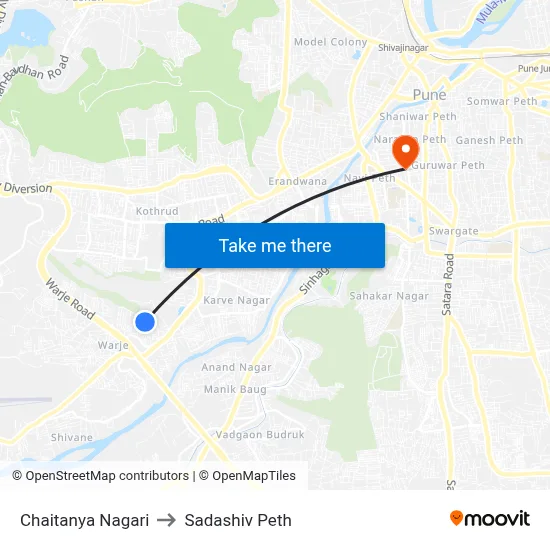 चैतन्य नगरी to सदाशिव पेठ map
