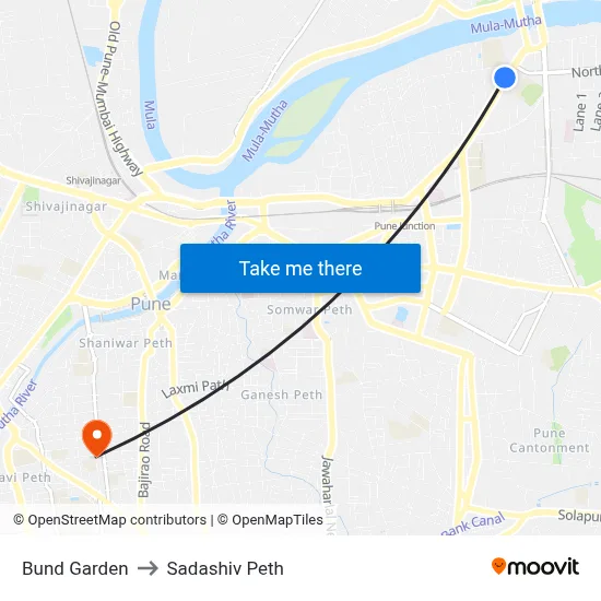 Bund Garden to Sadashiv Peth map