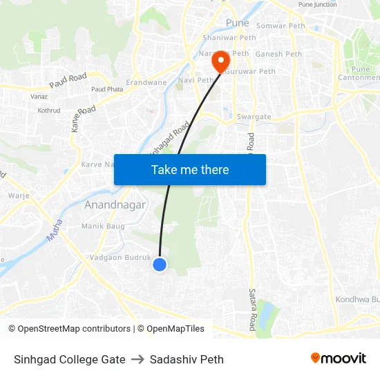 सिंहगड कॉलेज गेट to सदाशिव पेठ map
