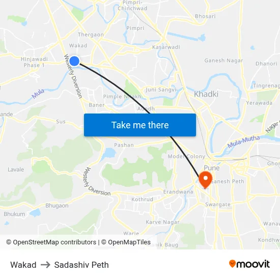 वाकड to सदाशिव पेठ map