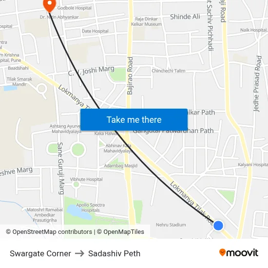 स्वारगेट कॉर्नर to सदाशिव पेठ map