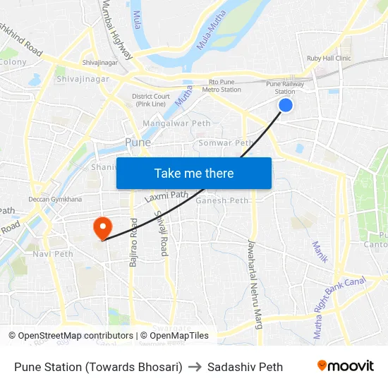 पुणे स्टेशन (भोसरी की ओर) to सदाशिव पेठ map