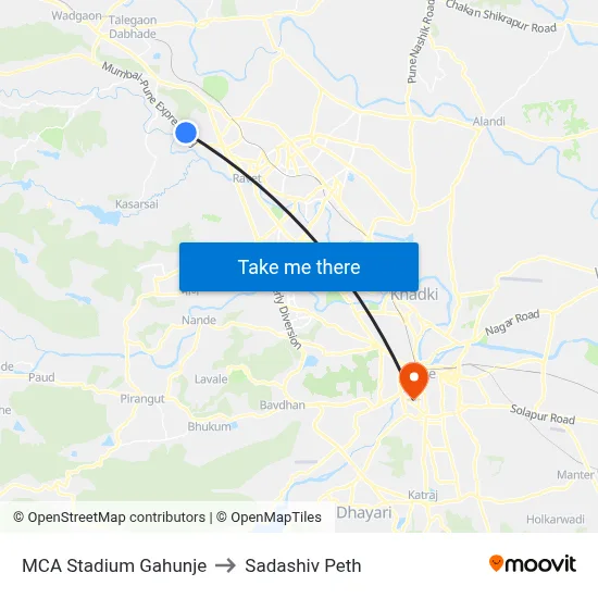 एमसीए स्टेडियम गहुंजे to सदाशिव पेठ map