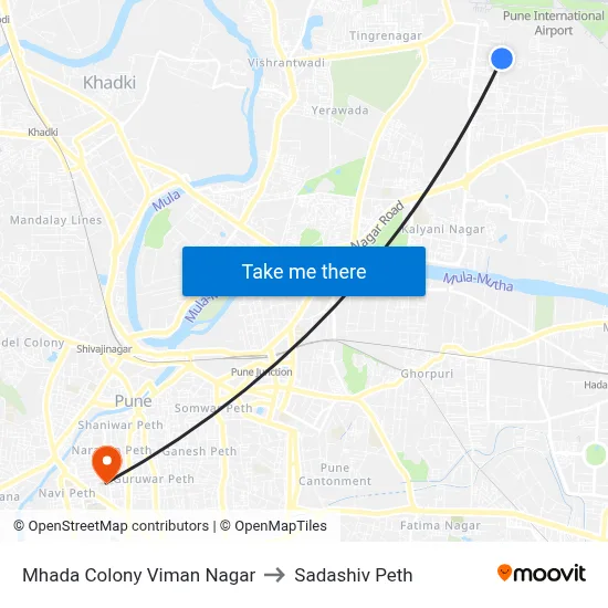 म्हाडा कॉलोनी विमान नगर to सदाशिव पेठ map