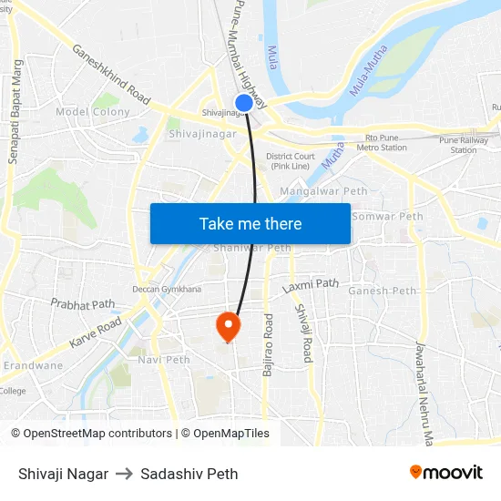 शिवाजी नगर to सदाशिव पेठ map
