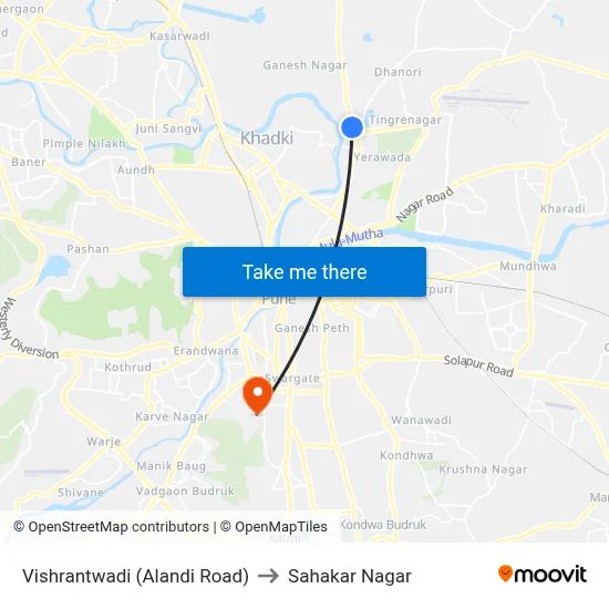 विश्रांतवाडी (आळंदी रोड) to सहकार नगर map