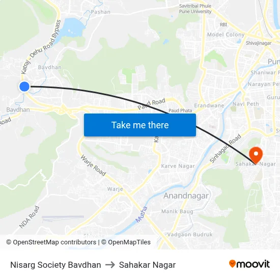 निसर्ग सोसायटी बावधन to सहकार नगर map
