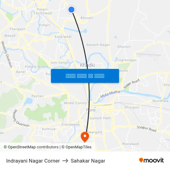 इंद्रायणी नगर कॉर्नर to सहकार नगर map