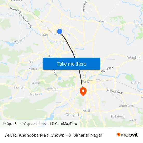 आकुर्डी खंडोबा माळ चौक to सहकार नगर map