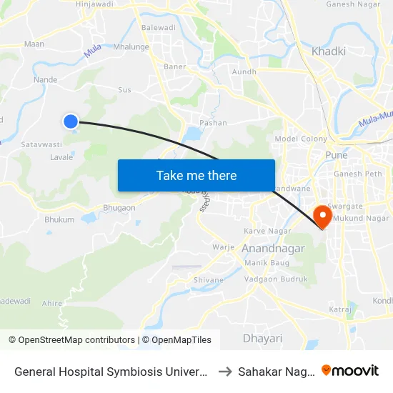 General Hospital Symbiosis University to सहकार नगर map