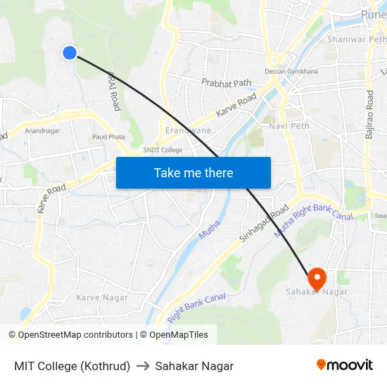 MIT College (Kothrud) to सहकार नगर map