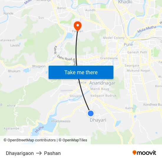 धायरीगांव to पाषाण map