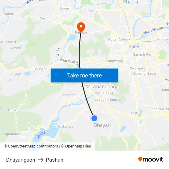 धायरीगांव to पाषाण map