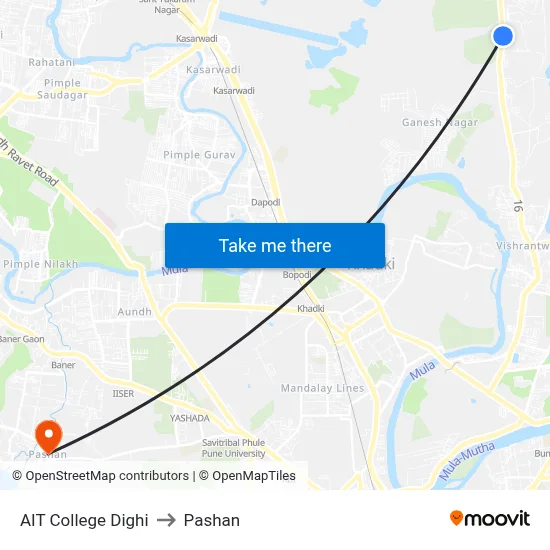एआईटी कॉलेज दिघी to पाषाण map