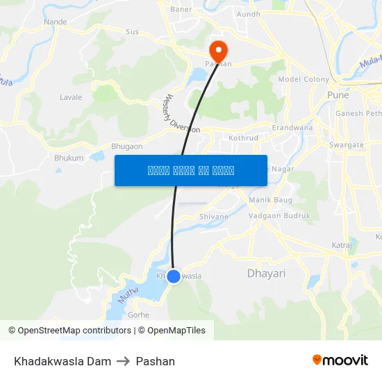 खड़कवासला बांध to पाषाण map