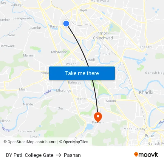 डीवाय पाटिल कॉलेज गेट to पाषाण map
