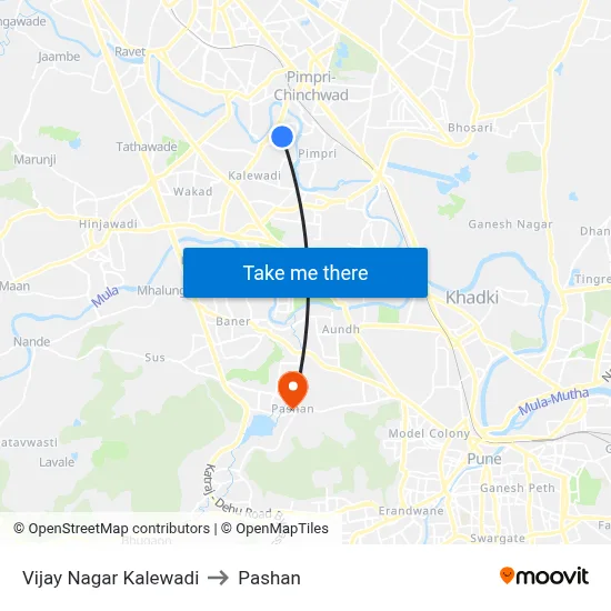 Vijay Nagar Kalewadi to पाषाण map