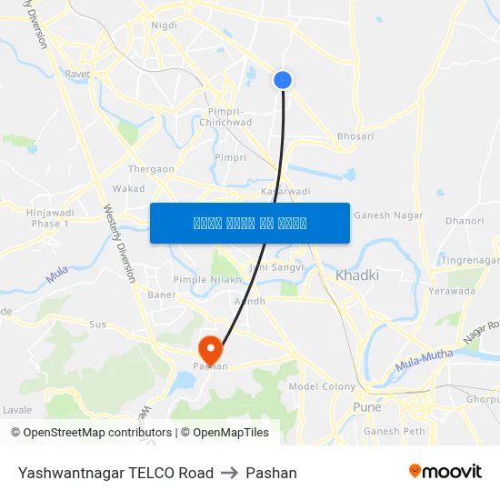 यशवंतनगर टेल्को रोड to पाषाण map
