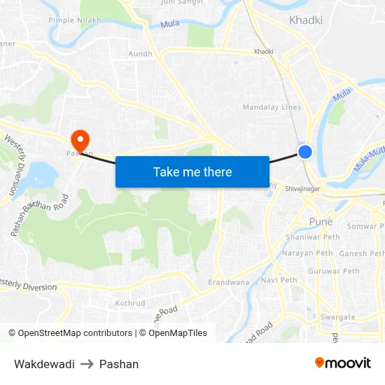 Wakdewadi to Pashan map