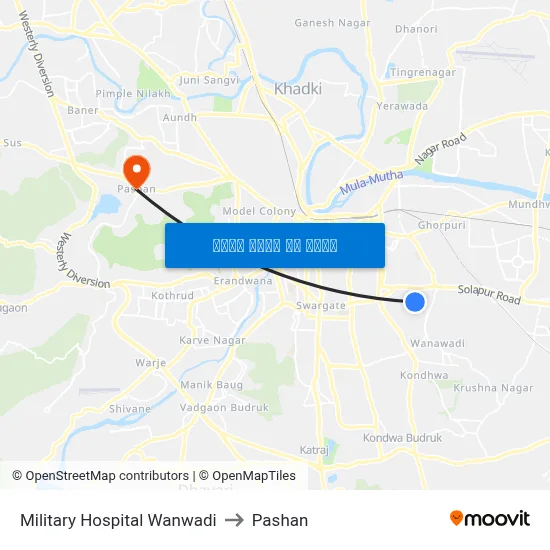 मिलिट्री हॉस्पिटल वानवडी to पाषाण map