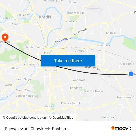 Shewalewadi Chowk to Pashan map