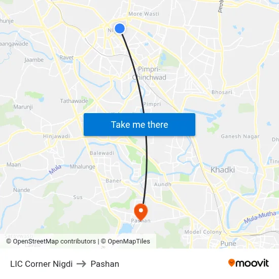 एलआईसी कॉर्नर निगडी to पाषाण map