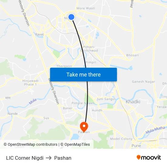LIC Corner Nigdi to Pashan map