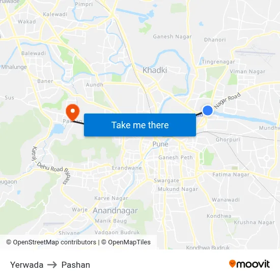 येरवडा to पाषाण map