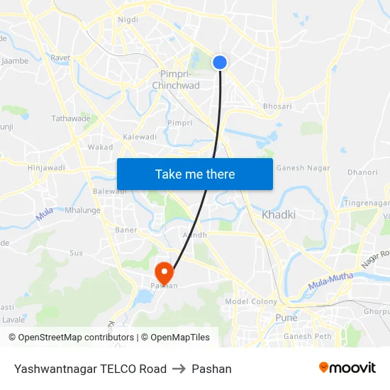 यशवंतनगर टेल्को रोड to पाषाण map