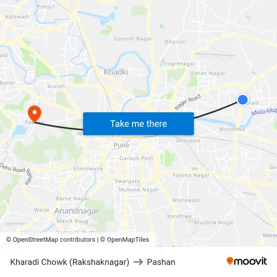 खराडी चौक (रक्षकनगर) to पाषाण map