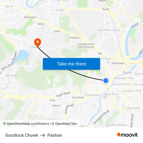 गुडलक चौक to पाषाण map