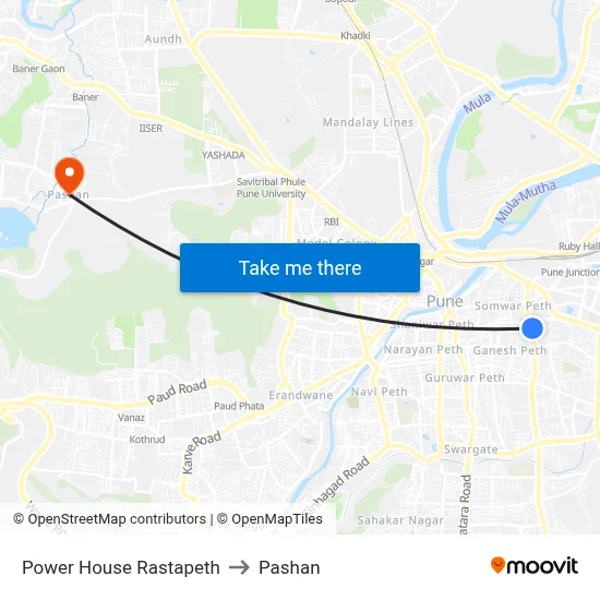 पावर हाउस रास्तापेठ to पाषाण map
