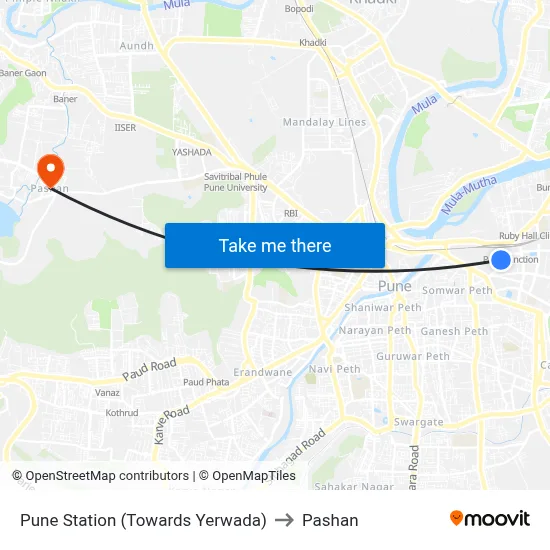 पुणे स्टेशन (येरवडा की ओर) to पाषाण map