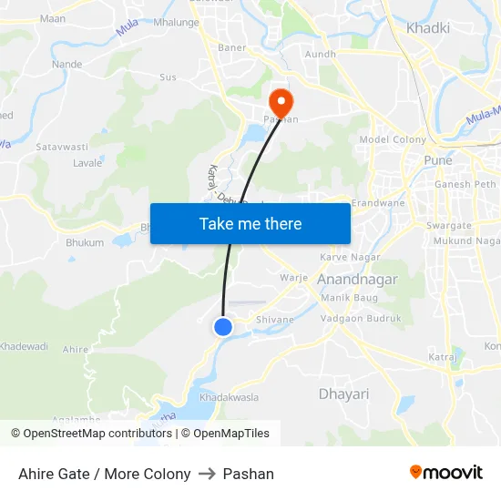 अहिरे गेट / मोरे कॉलोनी to पाषाण map