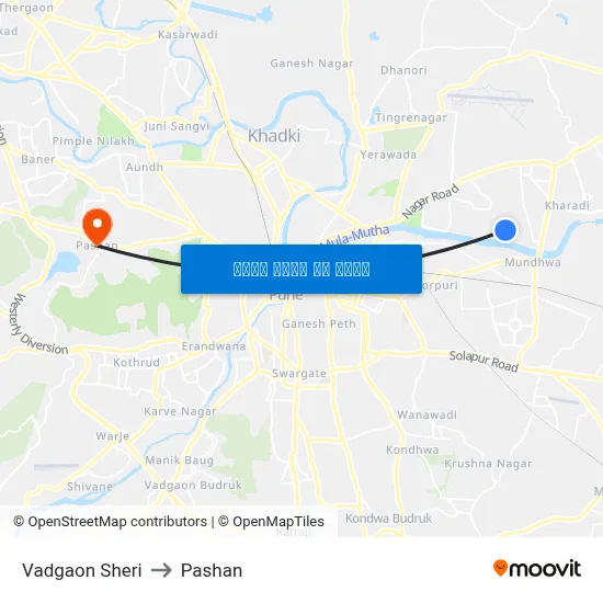 वडगाव शेरी to पाषाण map