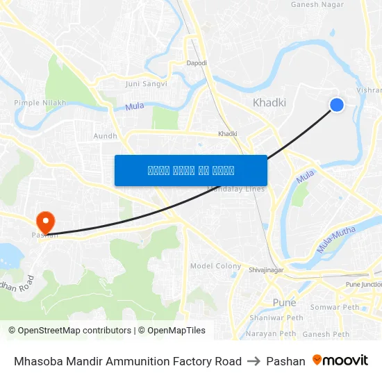 म्हसोबा मंदिर अम्युनिशन फैक्टरी रोड to पाषाण map