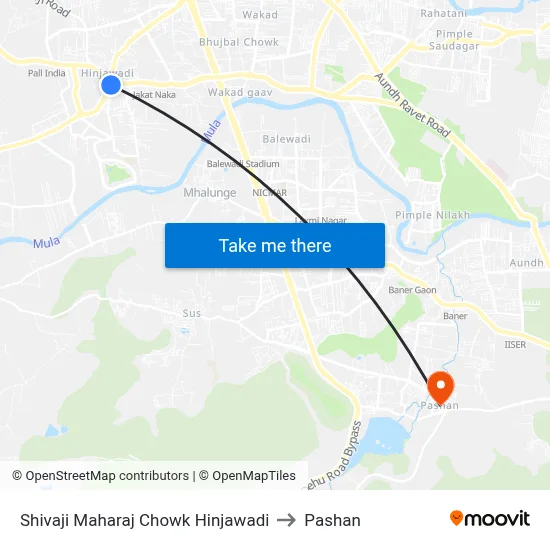 शिवाजी महाराज चौक हिंजवाडी to पाषाण map