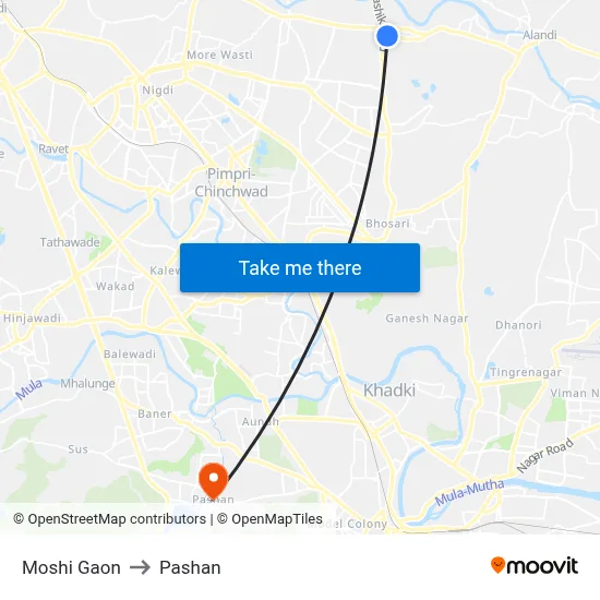 मोशी गाँव to पाषाण map